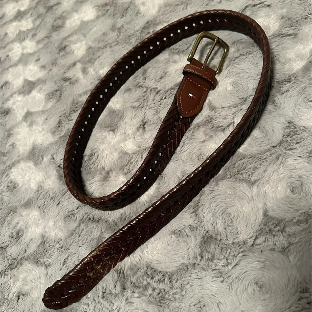 Tommy Hilfiger Logo Men's Leather Trim Braided Laced  Belt Brown 34 Brass Buckle